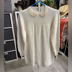 Unbranded Vintage Lace Pearl Collar Cream Textured Knit Tunic Sweater